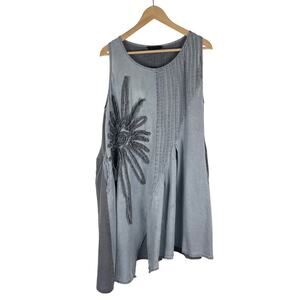 Peacock Ways Cotton Medium Grey Flower Tunic Artisan Lagenlook Dress Pink Ribbon